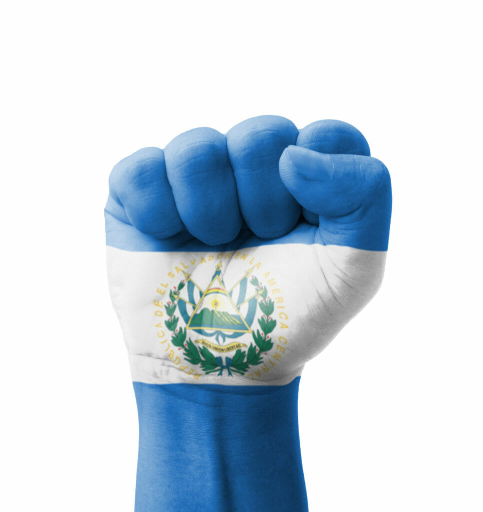 Puño cerrado pintado como bandera de El Salvador sobre fondo blanco