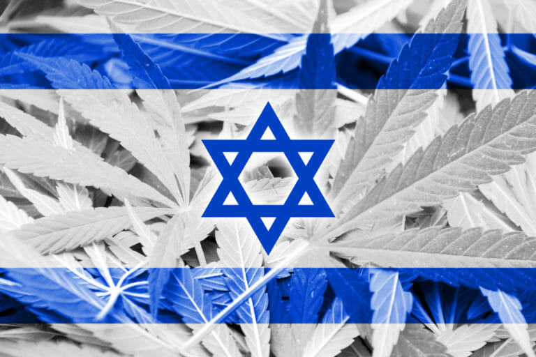 Bandera de Israel sobre fondo de cannabis