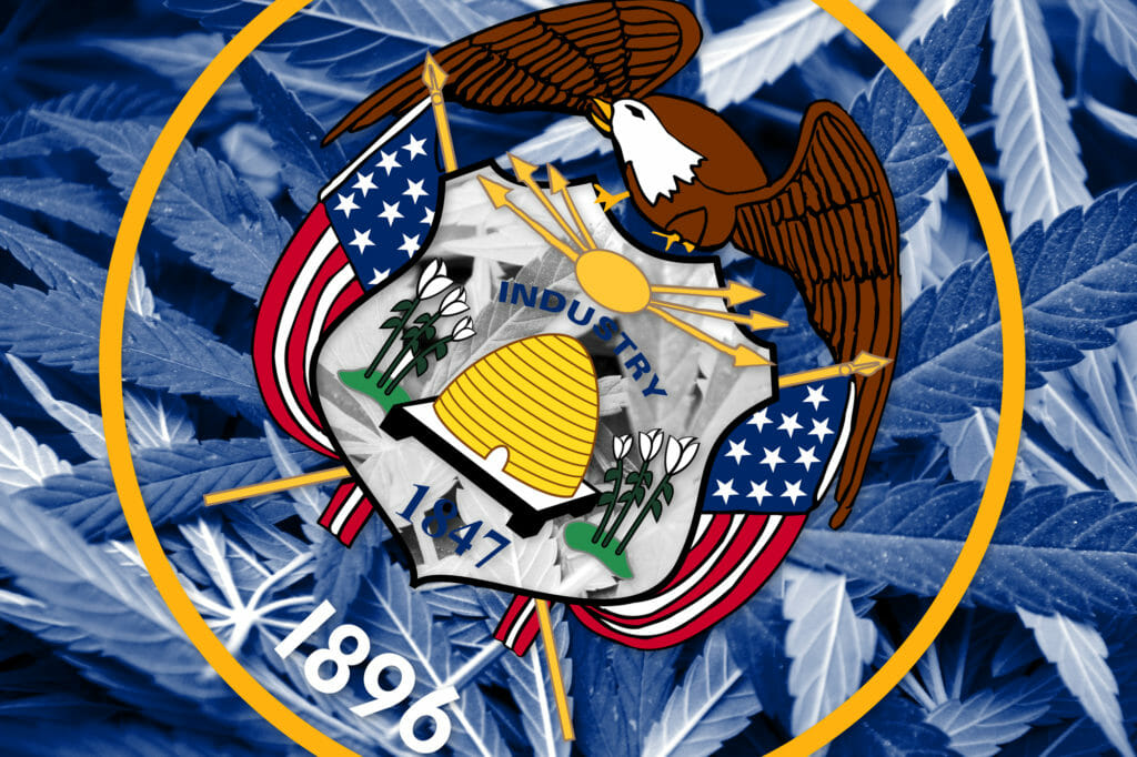 Utah State Flag on cannabis background