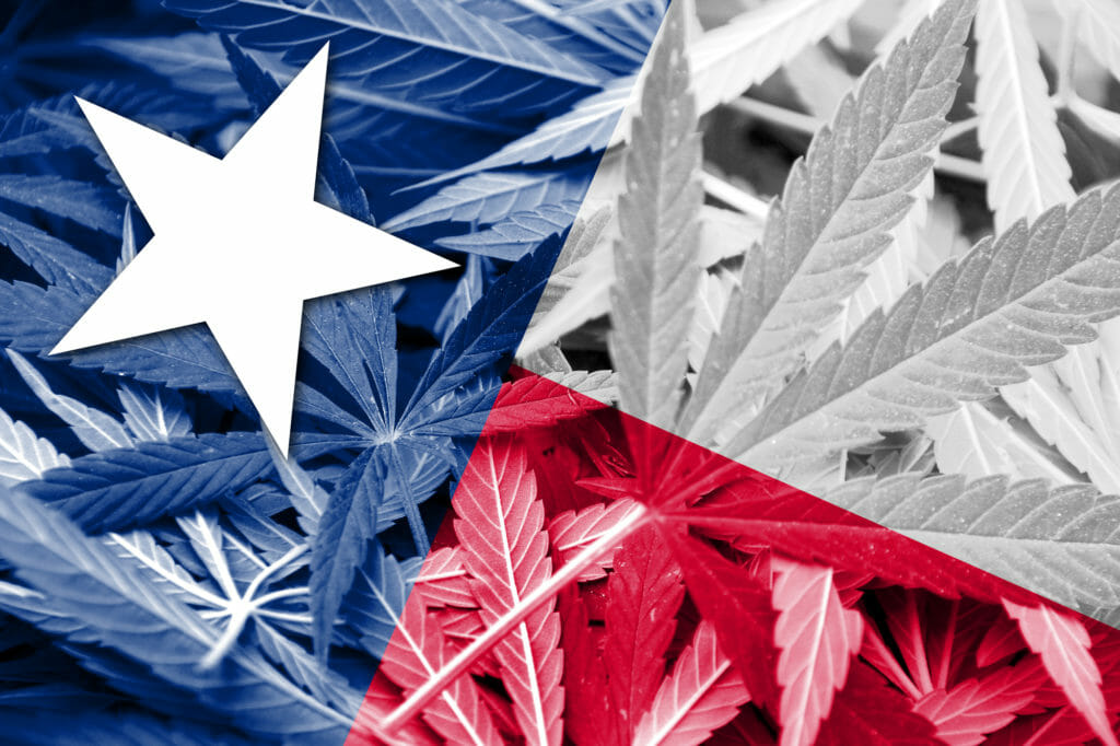 Bandera del Estado de Texas sobre fondo de cannabis