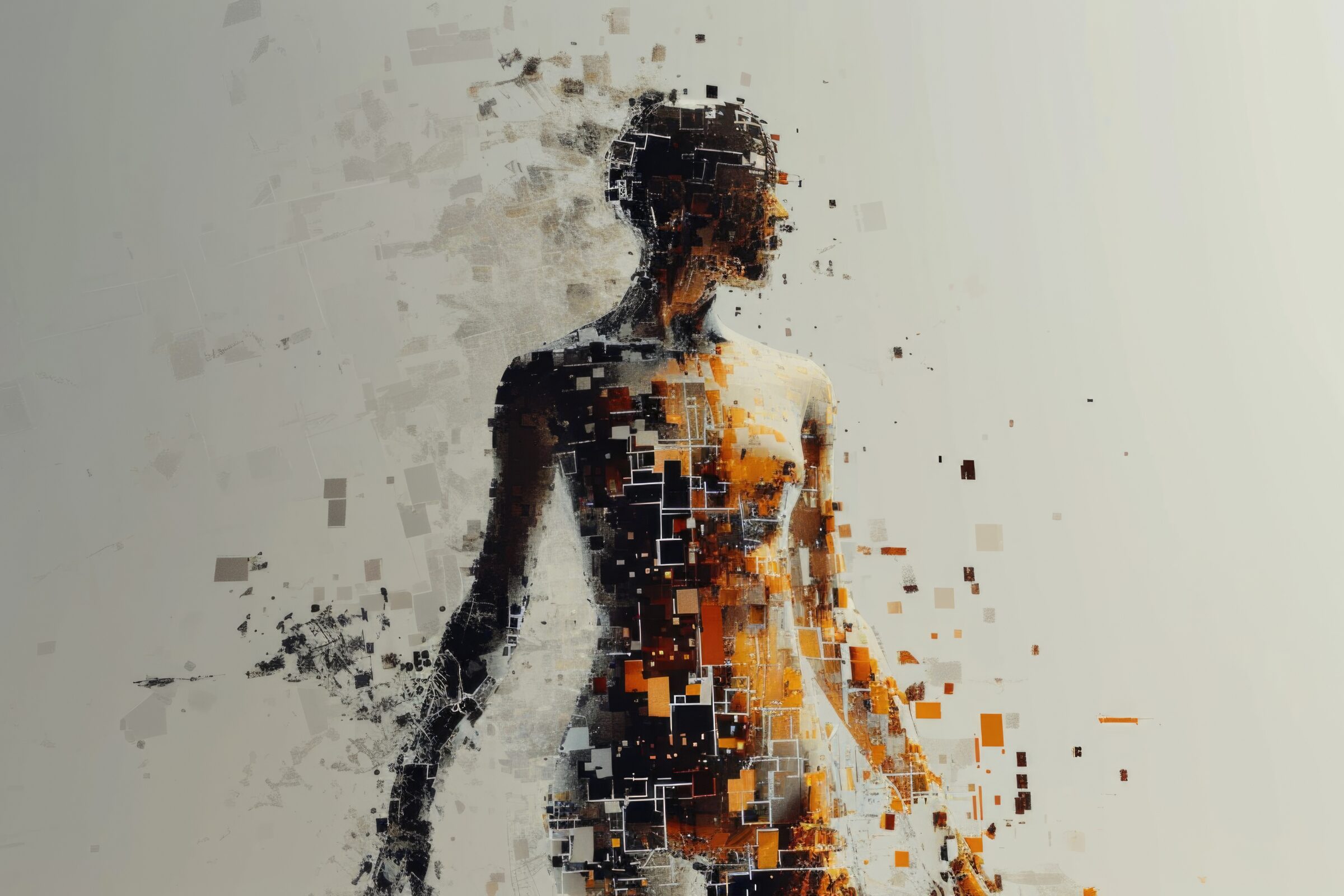 A digital art depiction of a human figure dissolving into pixel-like fragments, blending into the white background.