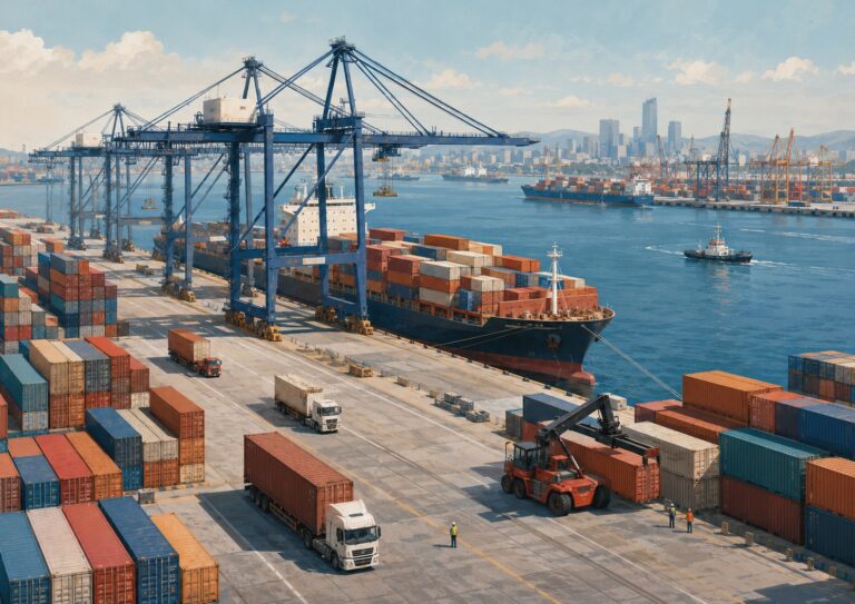 Cargo containers are stacked at a busy shipping port as cranes load and unload a container ship; trucks and workers move containers, with a city skyline visible in the background.