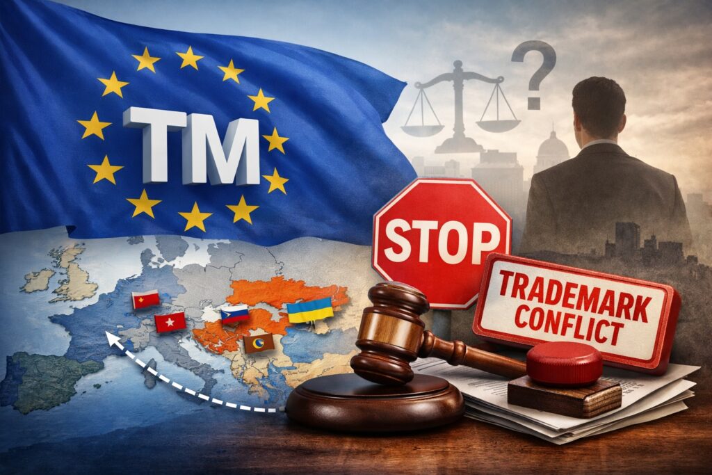 A collage showing an EU flag with "TM," a stop sign, a gavel, papers, "Trademark Conflict" stamp, a map with countries, and a person facing a scale and a question mark.