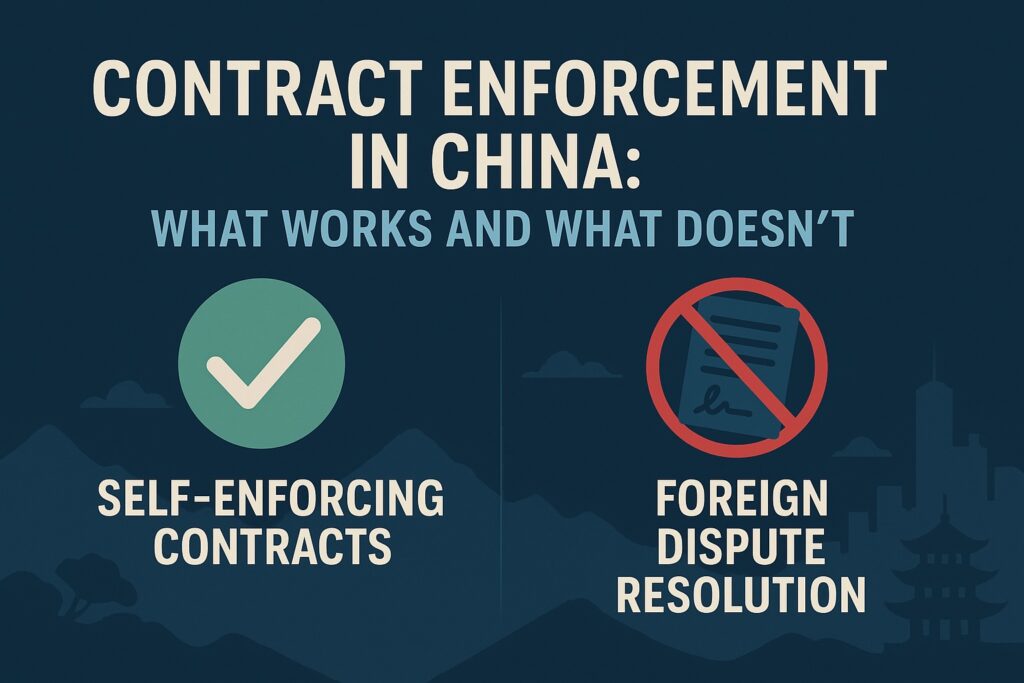 Infographic titled "Contract Enforcement in China" compares self-enforcing contracts (checkmark icon) with foreign dispute resolution (crossed-out document icon).