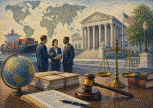 Three people converse near legal and government symbols, a world map, and a shipping vessel, representing international law and trade outside a neoclassical courthouse.