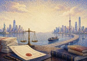 A scale, legal documents, and books on a desk overlook a harbor with a cargo ship between two modern city skylines, including the Statue of Liberty—symbolizing the complexities of enforcing U.S. judgments in China amid global commerce.