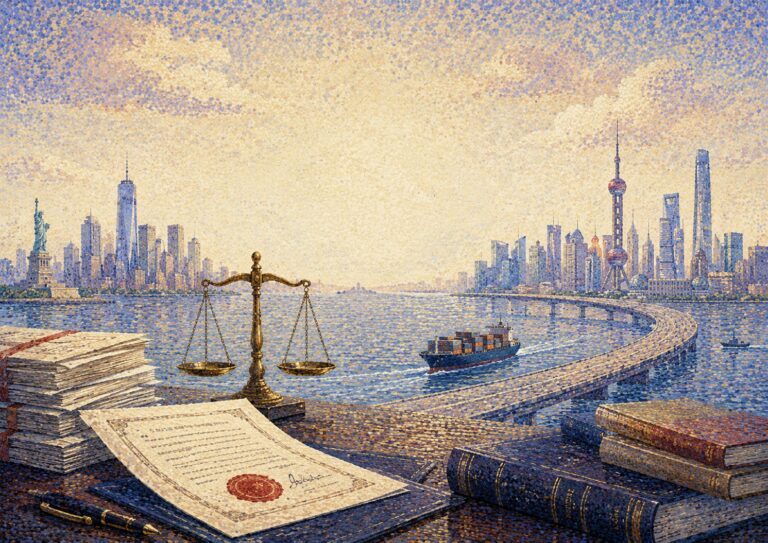 A scale, legal documents, and books on a desk overlook a harbor with a cargo ship between two modern city skylines, including the Statue of Liberty—symbolizing the complexities of enforcing U.S. judgments in China amid global commerce.