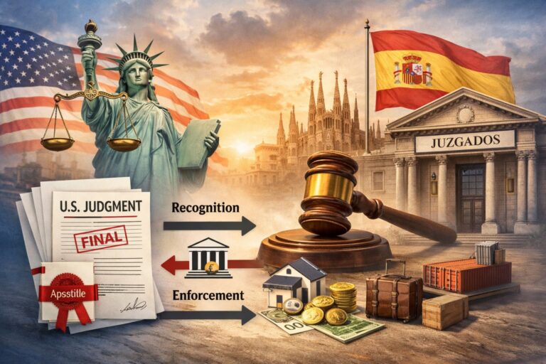 Illustration showing U.S. legal documents, a gavel, and symbols of money with the Statue of Liberty and U.S. flag on one side, and a Spanish courthouse and flag on the other, representing judgment recognition and enforcement.