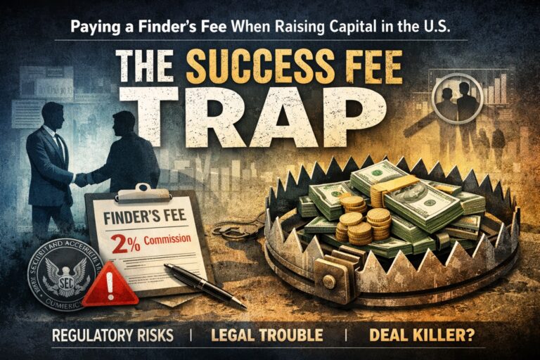 Illustration showing a "finder's fee" contract, cash, and coins inside a bear trap, warning of legal and regulatory risks—such as unlicensed broker-dealer commission issues—when raising capital in the U.S.