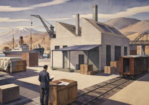 A man in a suit stands by a crate with paperwork at an industrial dock with warehouses, a cargo ship, shipping crates, a crane, and a freight train under a cloudy sky.