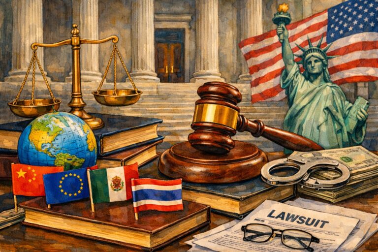 A gavel, scales of justice, law books, globe, handcuffs, lawsuit document, international flags, and the Statue of Liberty before a courthouse symbolize law and global justice in cases involving foreign companies in United States internatoinal litigation.