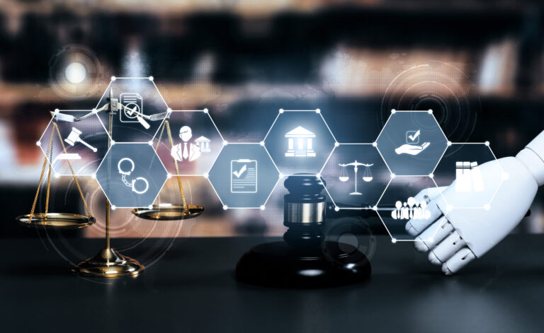 A robotic hand interacting with a holographic interface displaying legal and justice-related icons above a gavel and scales of justice.