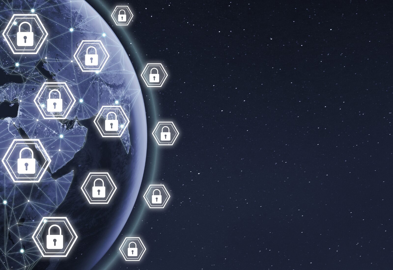 A digital rendering of Earth with hexagonal lock icons connected by lines, symbolizing global cybersecurity. The background is a starry space.