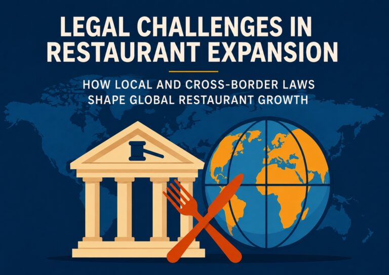 A courthouse and globe with utensils icon illustrate legal and international issues in Global Restaurant Expansion, with text about how laws affect global restaurant growth.