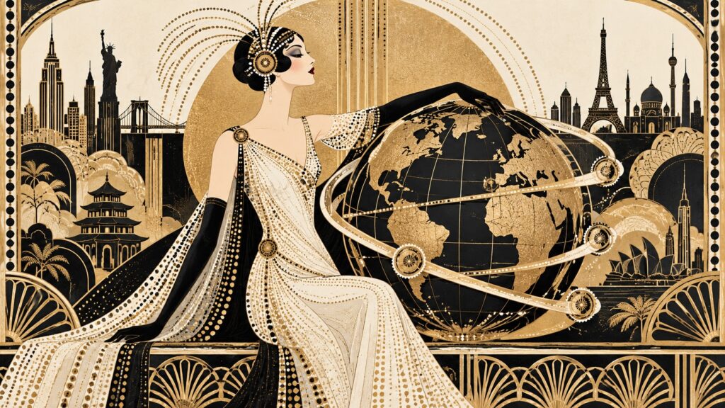 Art deco illustration of a woman in a gown resting her hand on a globe, with silhouettes of world landmarks in the background.