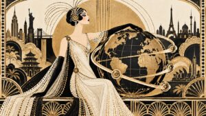 Art deco illustration of a woman in a gown resting her hand on a globe, with silhouettes of world landmarks in the background.