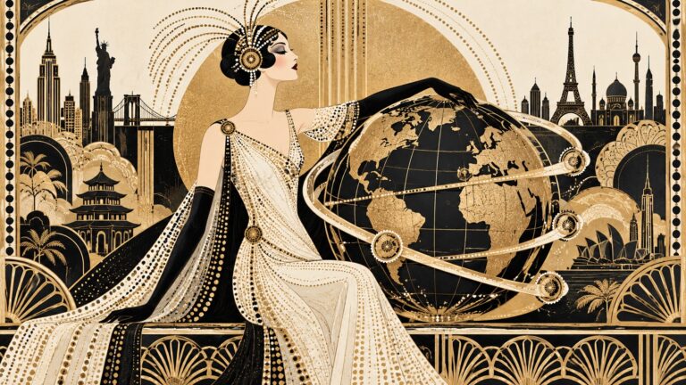 Art deco illustration of a woman in a gown resting her hand on a globe, with silhouettes of world landmarks in the background.
