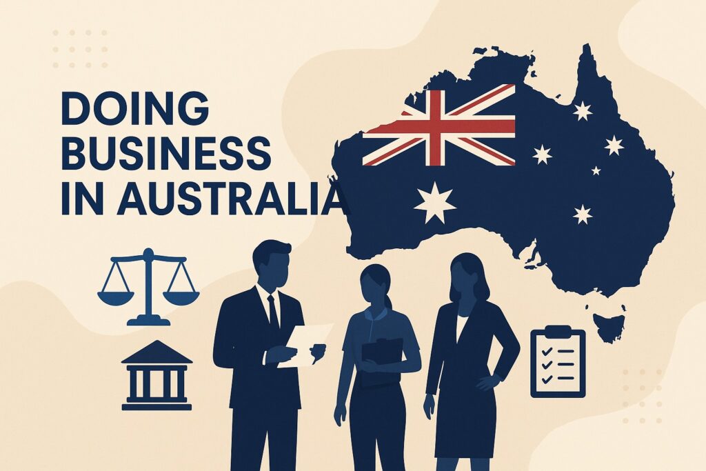 Illustration of three business professionals standing in front of Australia's map with flag, legal icons, and text "Doing Business in Australia.