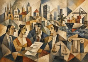 Cubist painting of four businesspeople in discussion with city buildings, a ship, courthouse pillars, and justice scales in the background.
