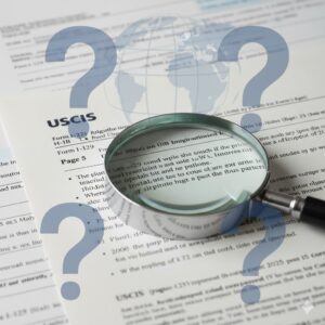 A magnifying glass rests on top of a USCIS immigration form, with large, semi-transparent question marks and a globe graphic overlaid on the image.
