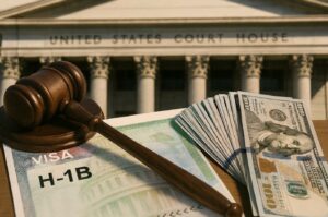 A gavel rests on an H-1B visa document and application form in front of a U.S. courthouse building, symbolizing the impact of an H-1B lawsuit.