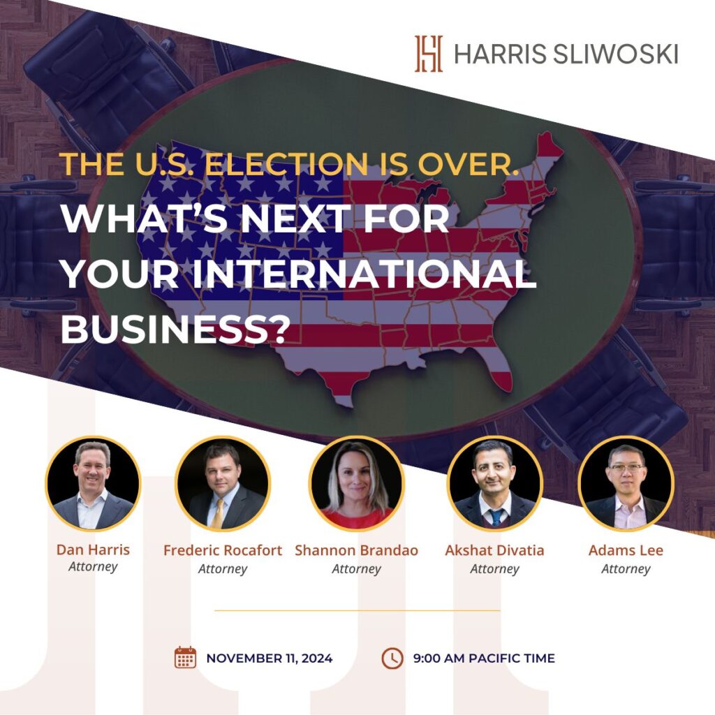 Webinar announcement titled "The U.S. Election is Over. What's Next for Your International Business?" with speakers' photos and details for November 11, 2024, at 9:00 AM Pacific Time.