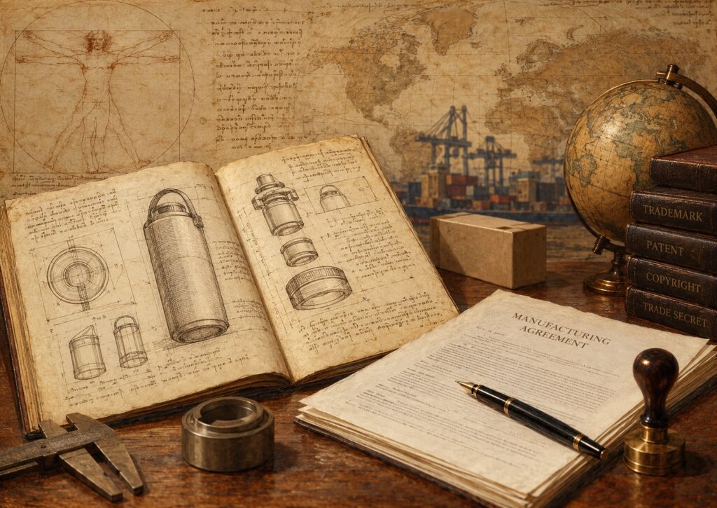 A wooden desk featuring an open notebook with mechanical sketches, a manufacturing agreement with a pen, a globe, and a stack of books labeled trademark, patent, copyright, and trade secret.