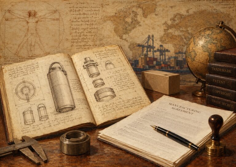 A wooden desk featuring an open notebook with mechanical sketches, a manufacturing agreement with a pen, a globe, and a stack of books labeled trademark, patent, copyright, and trade secret.