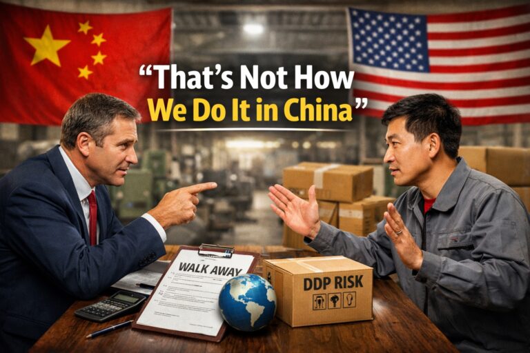 Two men sit at a table with paperwork, a calculator, and a box labeled "DDP RISK," with Chinese and U.S. flags in the background and the quote, "That's Not How We Do It in China.
