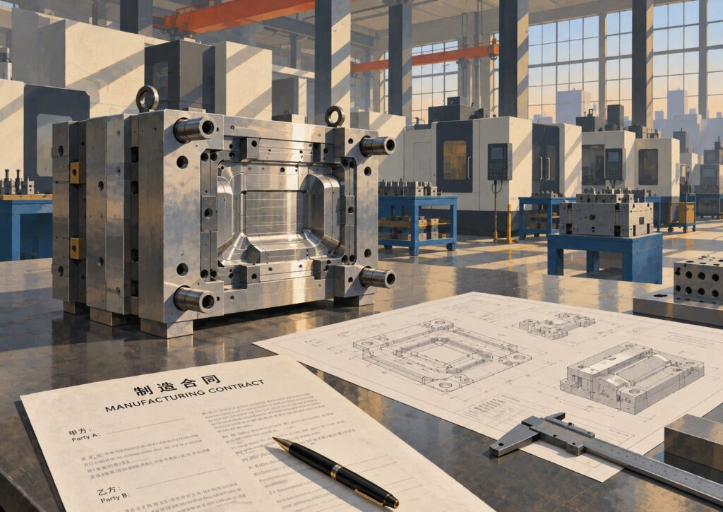 A metal injection mold sits on a workbench next to a manufacturing contract, technical blueprints, and a caliper, serving as a reminder of how to protect your IP in China.