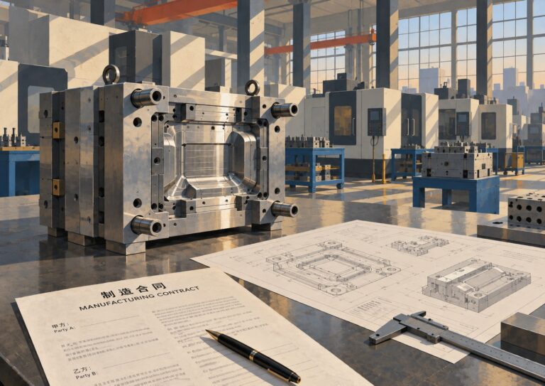 A metal injection mold sits on a workbench next to a manufacturing contract, technical blueprints, and a caliper, serving as a reminder of how to protect your IP in China.