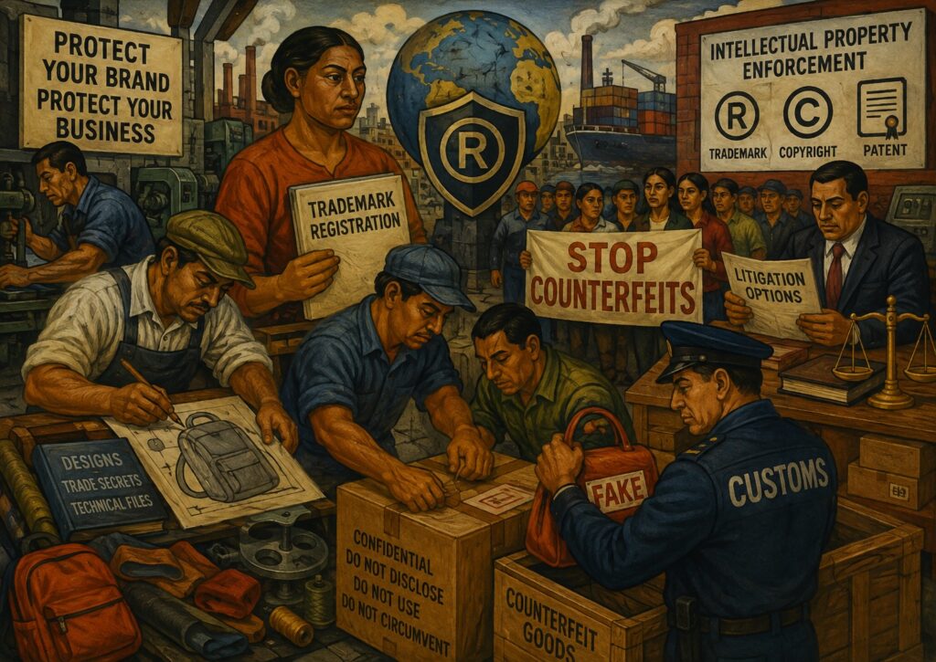 Workers, officials, and signs illustrate efforts to protect brands, register trademarks, stop China counterfeits, and enforce intellectual property rights in a busy industrial setting.