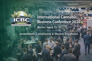 A large crowd attends a business conference. Text reads: International Cannabis Business Conference 2026, Berlin April 13–15, Investment, Compliance & Market Expansion.