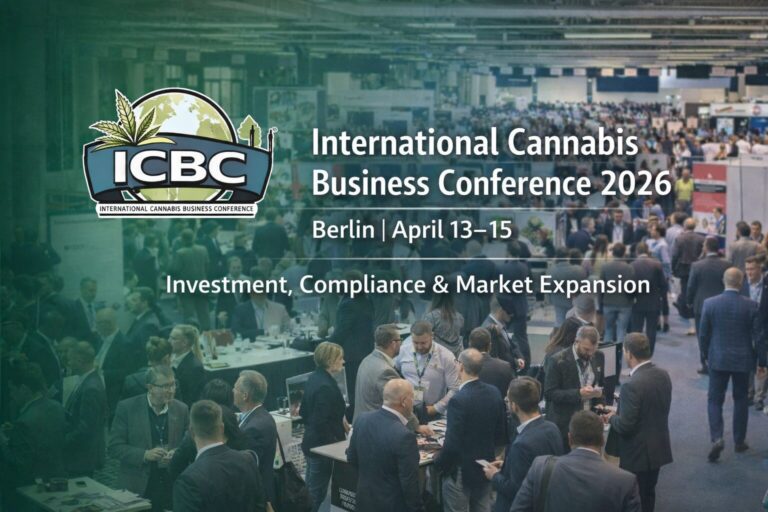 A large crowd attends a business conference. Text reads: International Cannabis Business Conference 2026, Berlin April 13–15, Investment, Compliance & Market Expansion.