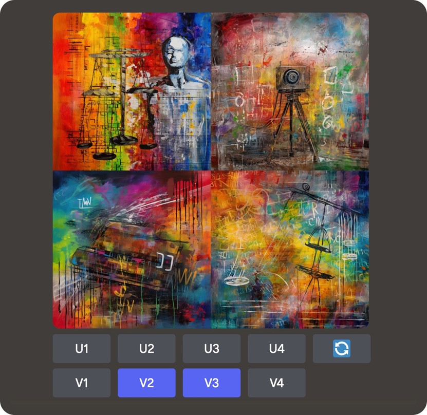 A digital collage features abstract art with varied colors and themes, including a scale, a camera, and mathematical equations. Four sections blend vibrant hues with mixed media elements.