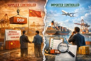 Split image contrasts supplier-controlled shipping (DDP, delays, costs, Chinese flag) and importer-controlled shipping (FOB, checklist, cargo, CBP form, airplane), highlighting the role of Import Controls in international trade.