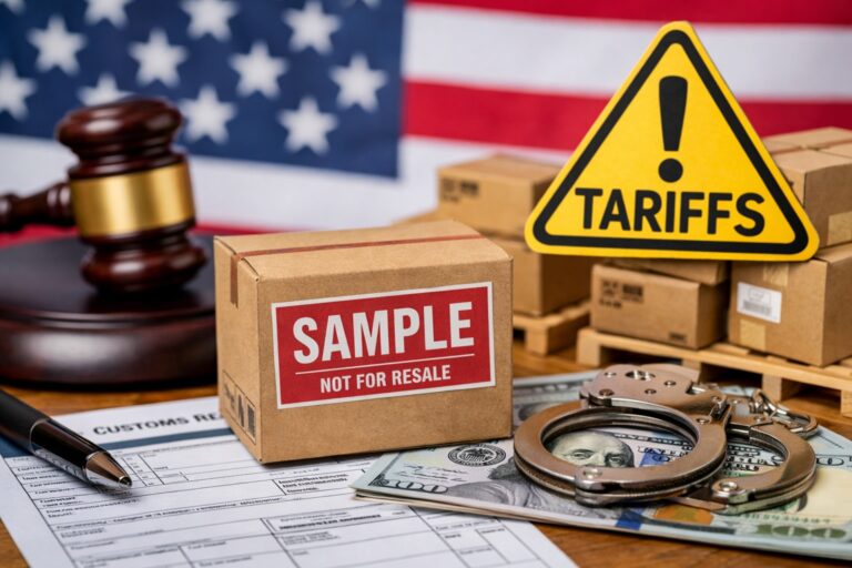 A box labeled "Sample," handcuffs, cash, a gavel, a warning sign reading "Tariffs," and customs forms are arranged in front of a U.S. flag and stacked packages.