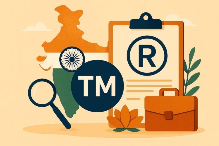 Illustration of India map with flag colors, trademark and registered symbols, clipboard, magnifying glass, briefcase, and lotus flower, representing intellectual property concepts in India.