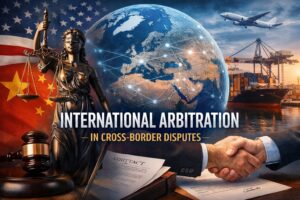 A collage featuring a globe, Lady Justice statue, shipping containers, a gavel, legal documents, a handshake, and the text "International Arbitration in Cross-Border Disputes" highlights the role of International Arbitration in resolving global conflicts.