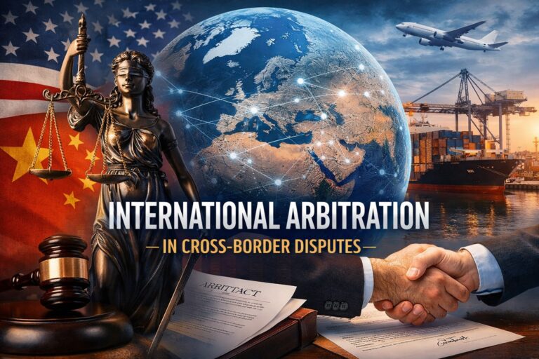 A collage featuring a globe, Lady Justice statue, shipping containers, a gavel, legal documents, a handshake, and the text "International Arbitration in Cross-Border Disputes" highlights the role of International Arbitration in resolving global conflicts.