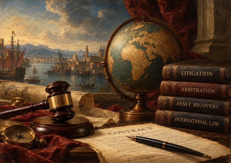 A gavel, a globe, a compass, and a stack of law books titled Litigation, Arbitration, Asset Recovery, and International Law next to a contract on a desk overlooking a harbor.