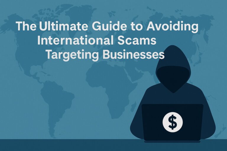A hooded figure uses a laptop with a dollar sign on it, in front of a world map. Text reads: "The Ultimate Guide to Avoiding International Scams Targeting Businesses.