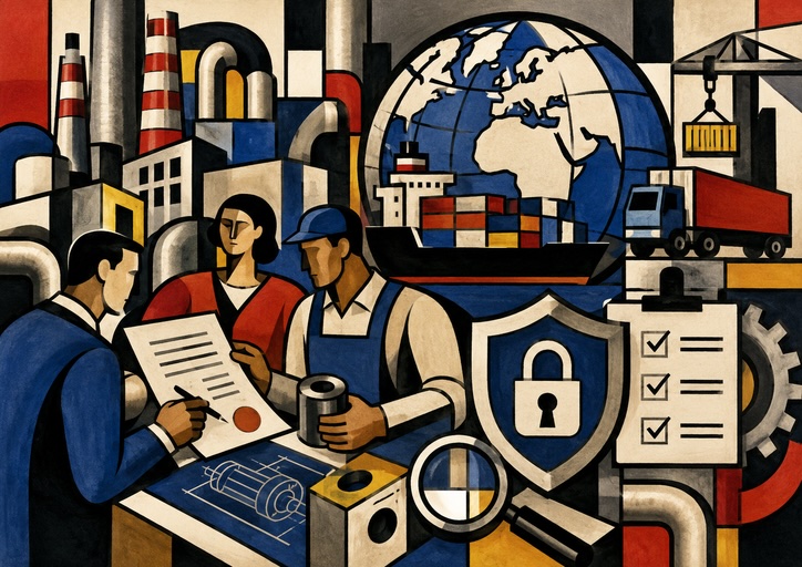 Illustration of people reviewing documents in an industrial setting with factories, a cargo ship, secure lock symbol, checklist, and globe in the background, symbolizing global trade and security while highlighting the importance of reducing your international manufacturing risks.