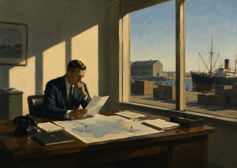 A man in a suit studies papers on International Distribution Contracts at a desk with maps, in an office overlooking a harbor with a docked cargo ship and warehouses outside the window.