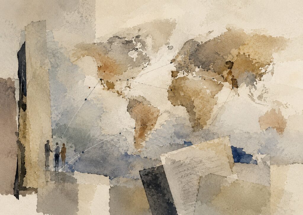 Watercolor illustration of a world map with lines connecting continents, three silhouetted figures, and abstract paper textures in the foreground.