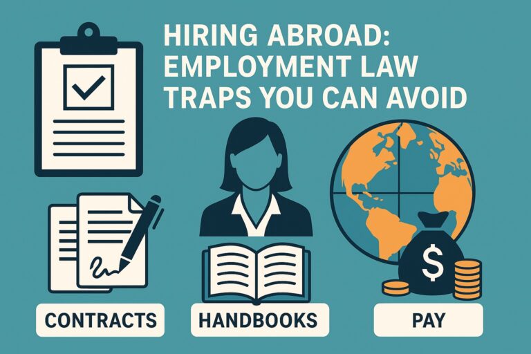 Illustration of a woman working on a laptop with icons of a contract, handbook, globe, and dollar sign, representing hiring employees abroad, contracts, handbooks, and pay.