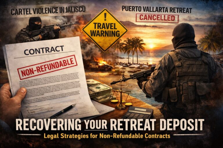 Two armed men stand by a beach resort as "Travel Warning" and "Puerto Vallarta Retreat Cancelled" notices appear—a contract stamped "Non-Refundable" in the foreground shows the real life meaning of non refundable.