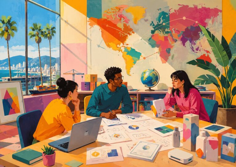 Three people sit at a table with charts, papers, and a laptop in a colorful office. A world map, globe, and cityscape are visible in the background.
