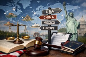 A gavel, scales of justice, passport, contract, and signpost with country names are displayed in front of a world map and iconic landmarks like the Statue of Liberty and U.S. Capitol.