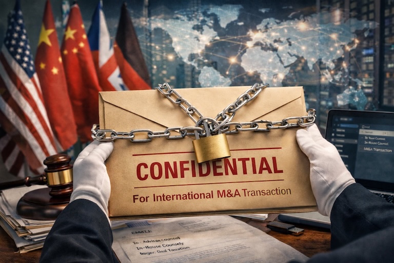 Gloved hands hold a sealed envelope labeled "CONFIDENTIAL: For Cross-border M & A Transaction," secured with a chain and padlock; international flags and documents appear in the background.
